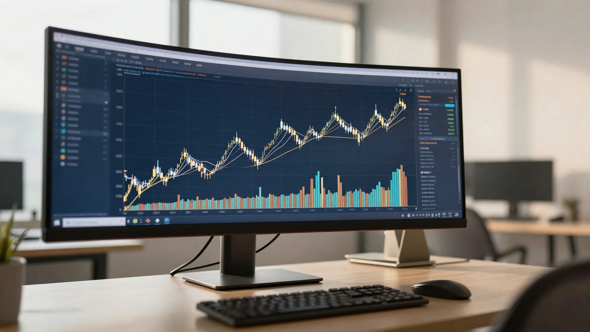 شاشة تداول تعرض حركة أسعار الأسهم ومؤشرات سوق الأسهم على مكتب استثماري